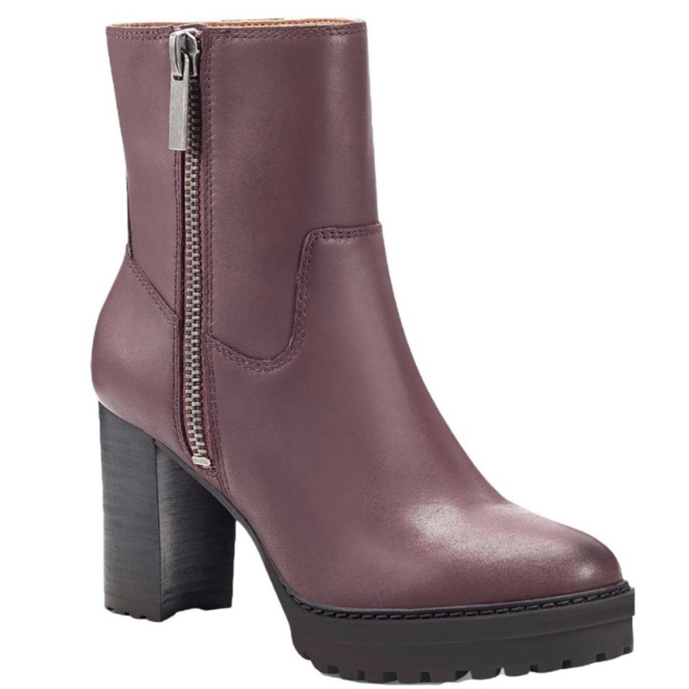 👢 Lucky Brand Burgundy Leather Bajax Platform Heeled Mid Ankle Block Heel Boots